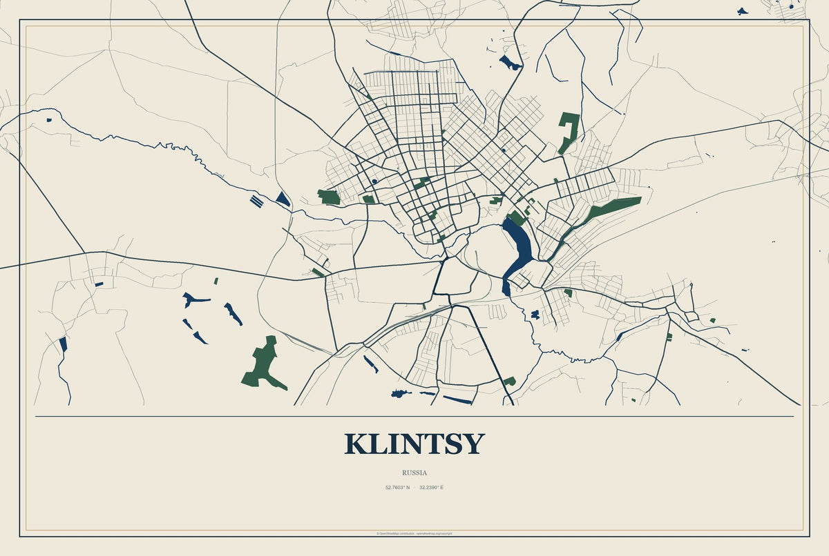 Klintsy, Russia City Map Aluminum Sign in Coastal Cutout style