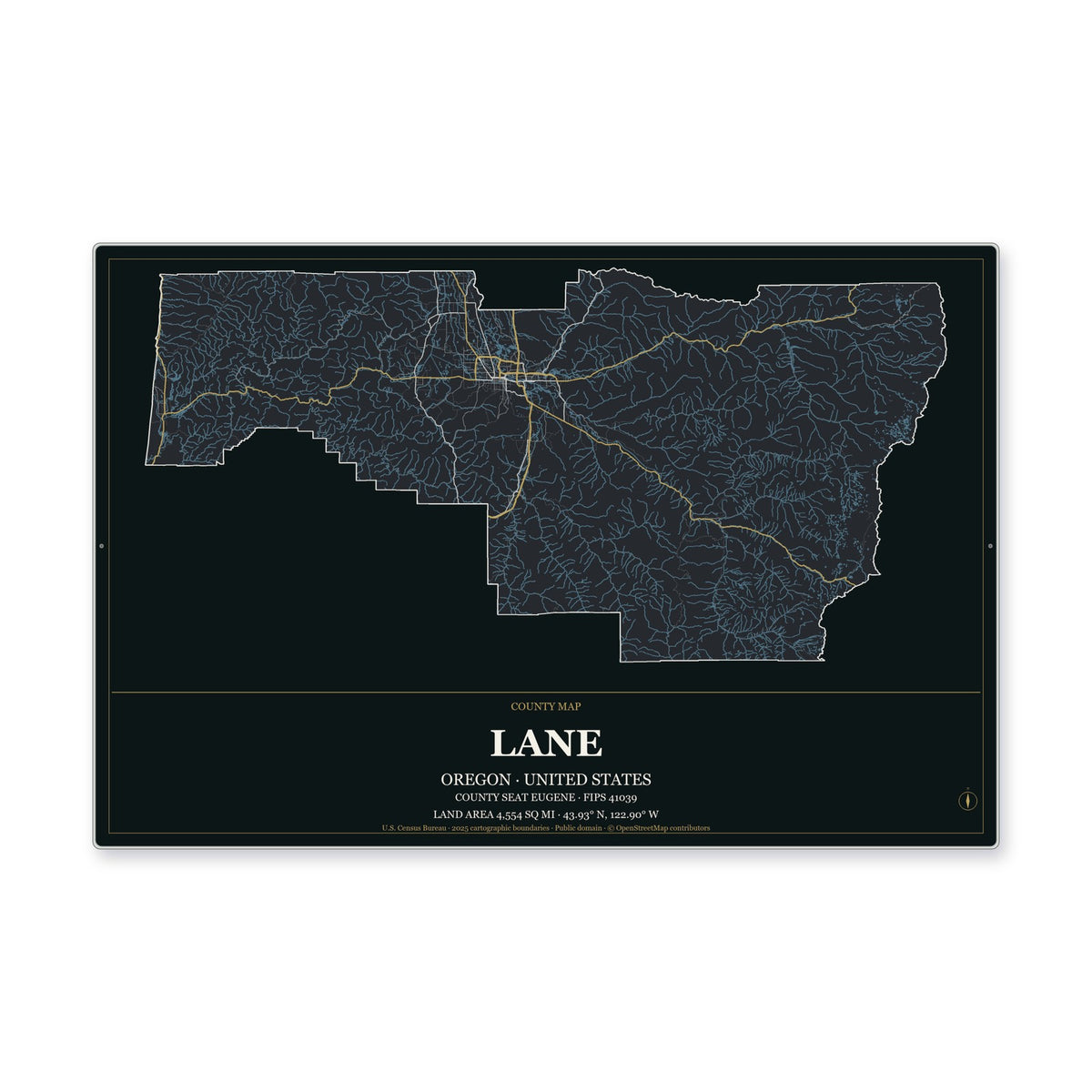 Lane County, Oregon Map Aluminum Sign in Metropolitan Noir style