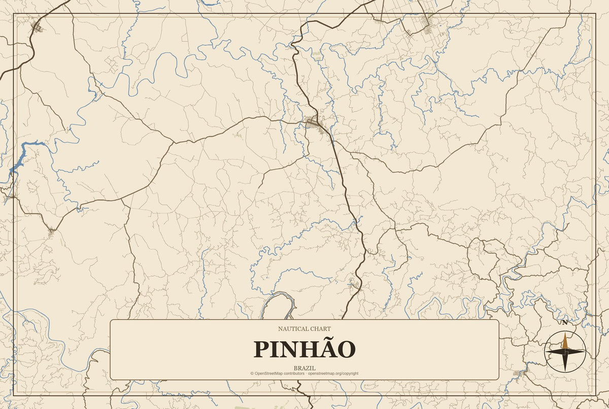 Pinhão, Brazil City Map Aluminum Sign in Heritage Nautical style