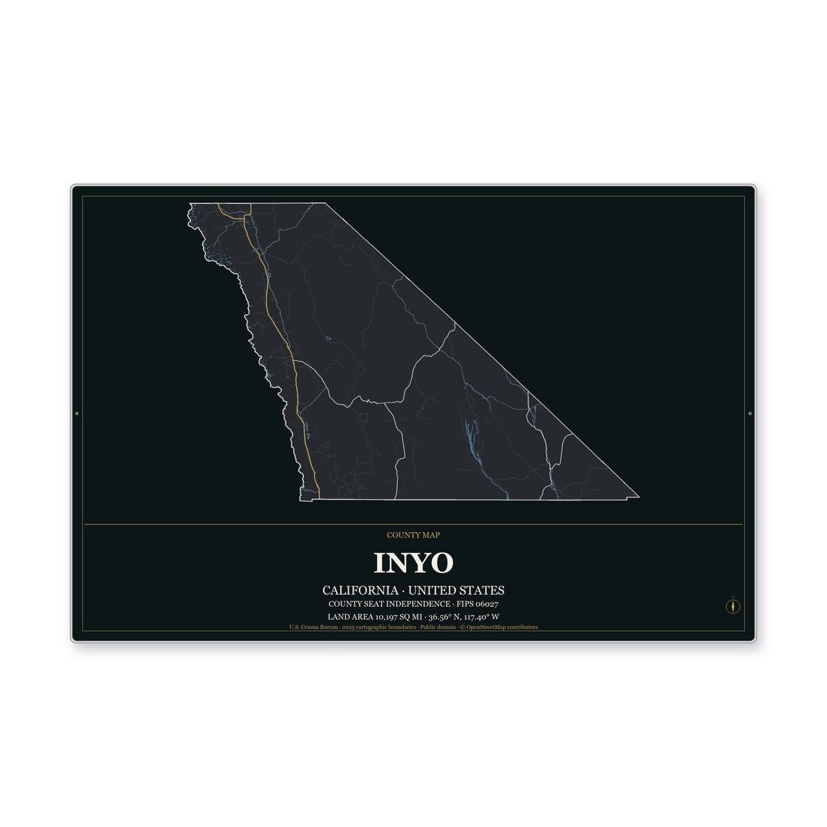 Inyo County, California Map Aluminum Sign in Metropolitan Noir style