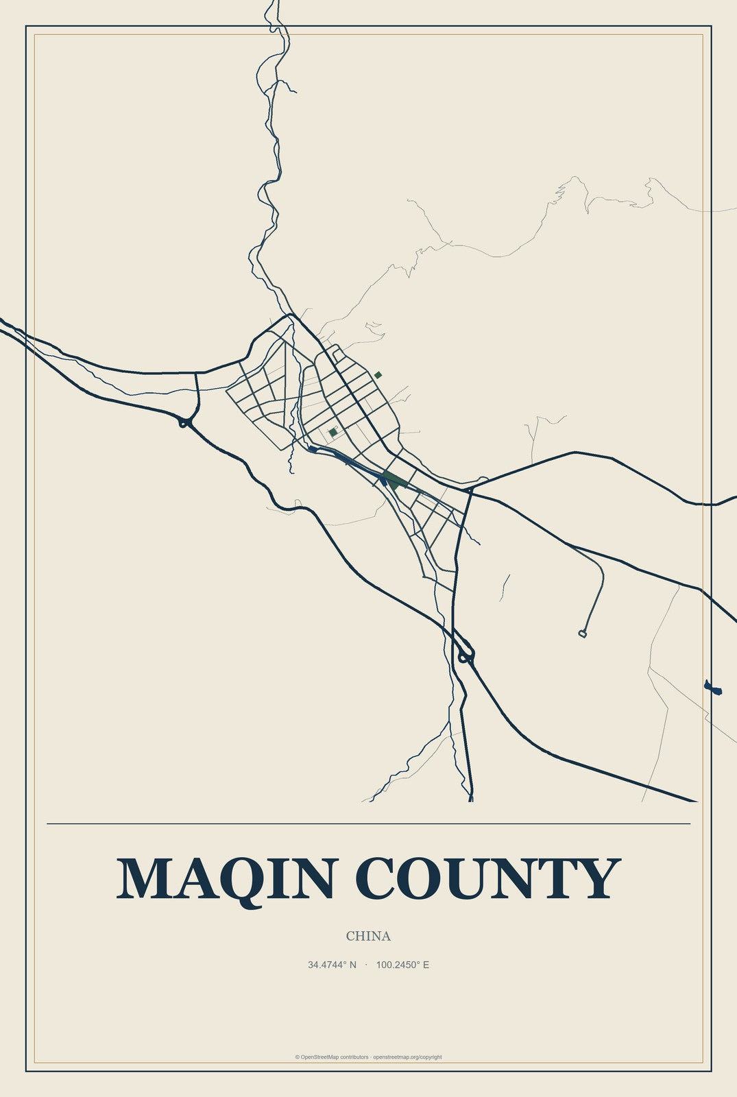 Maqin County, China City Map Aluminum Sign in Coastal Cutout style