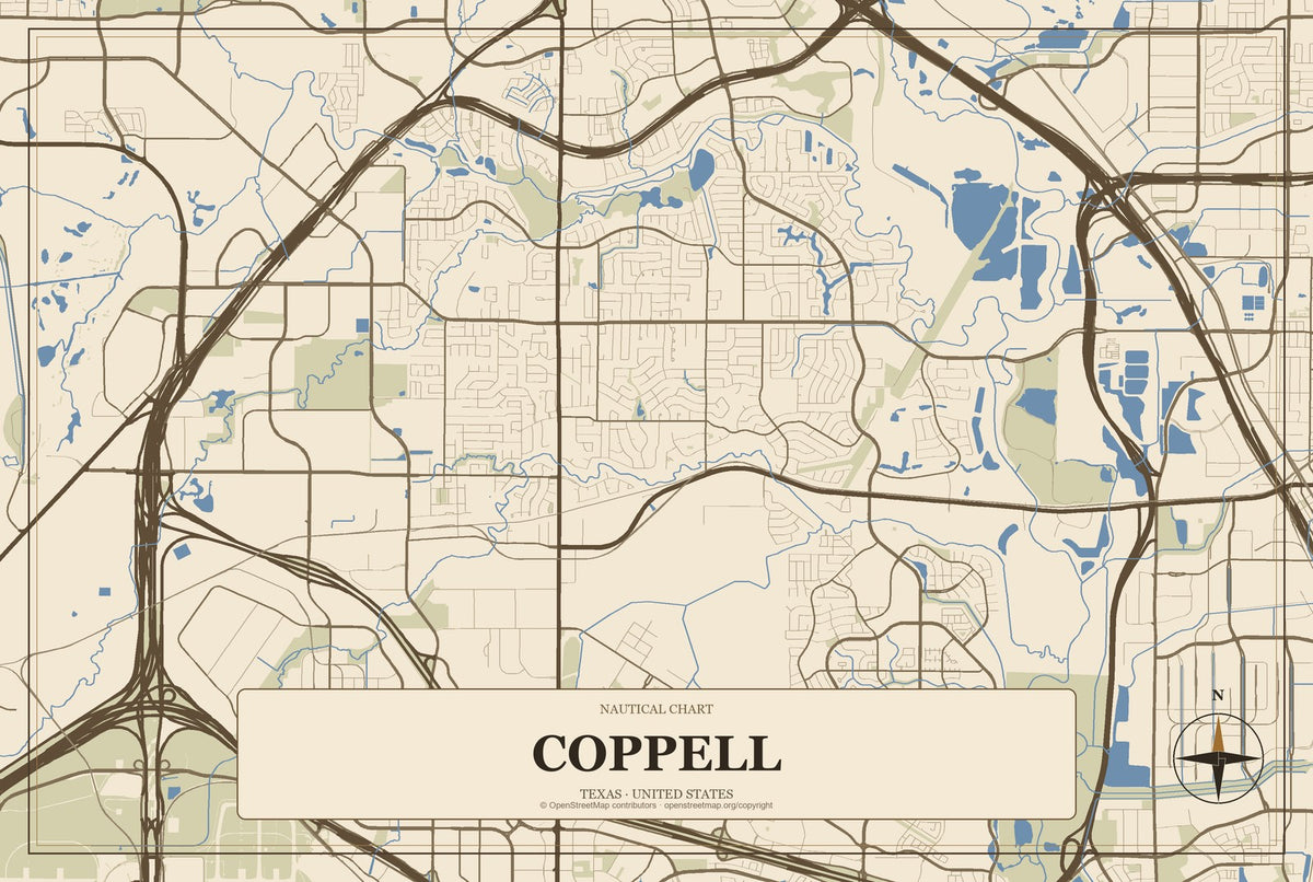 Coppell, Texas City Map Aluminum Sign in Heritage Nautical style