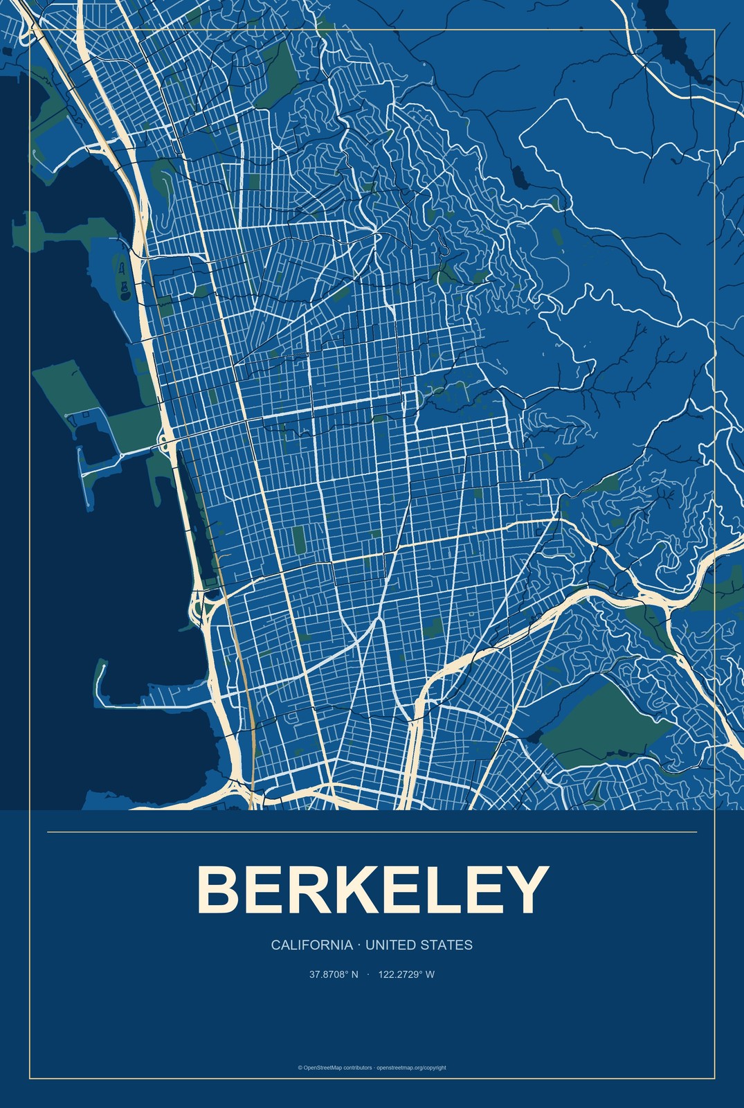 Berkeley, California City Map Aluminum Sign in Harbor Cobalt style