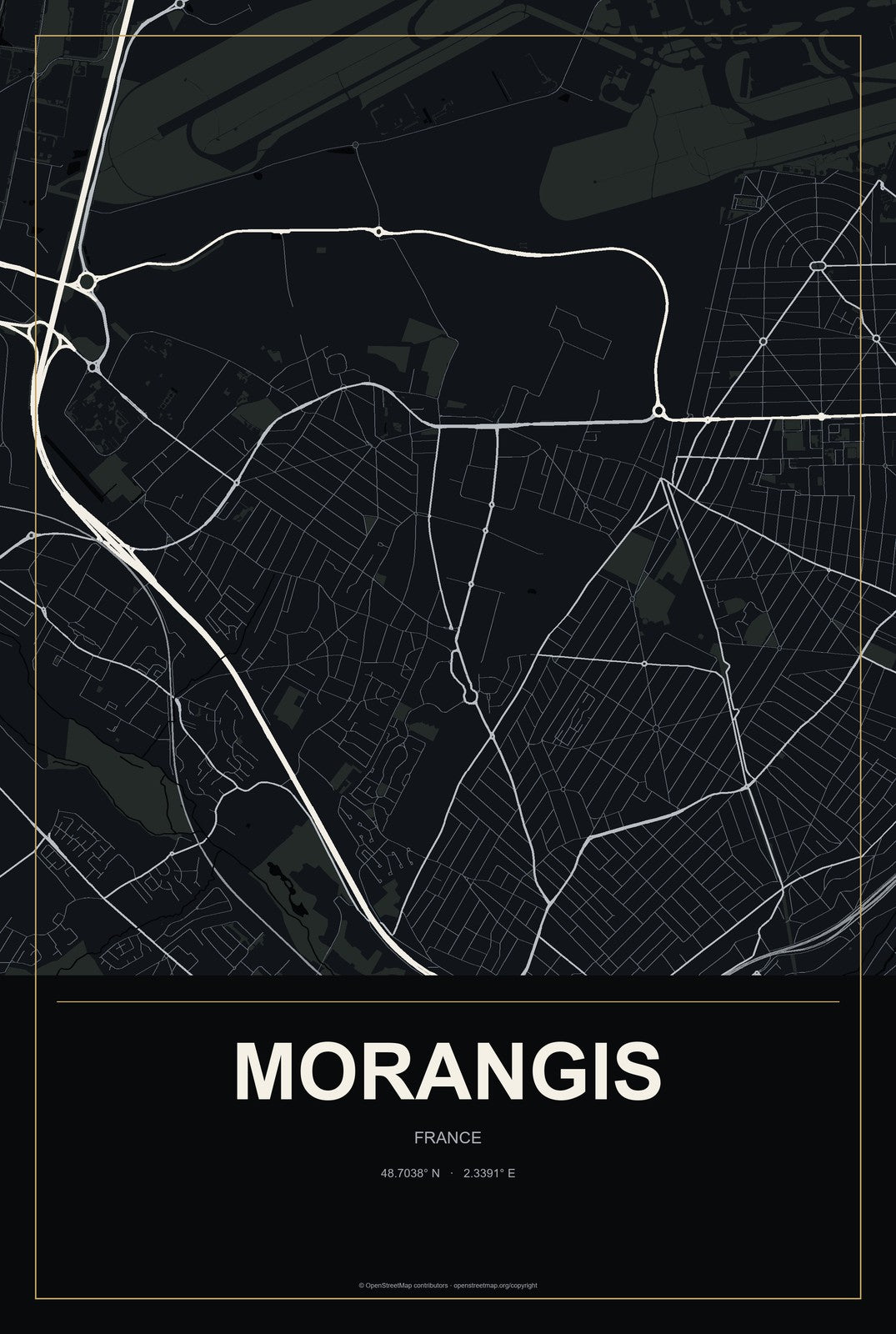 Morangis, France City Map Aluminum Sign in Metropolitan Noir style