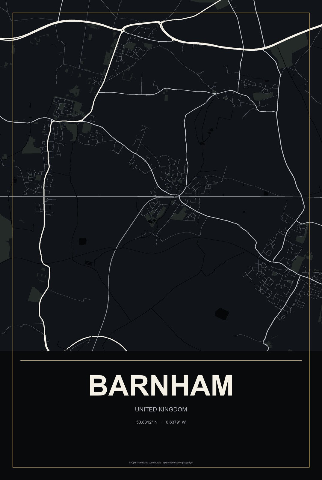 Barnham, United Kingdom City Map Aluminum Sign in Metropolitan Noir style