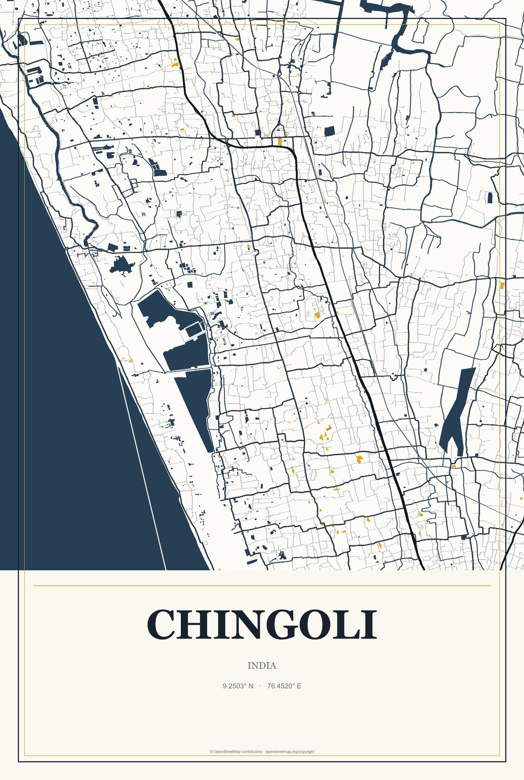 Chingoli, India City Map Aluminum Sign in Citrine Modern style