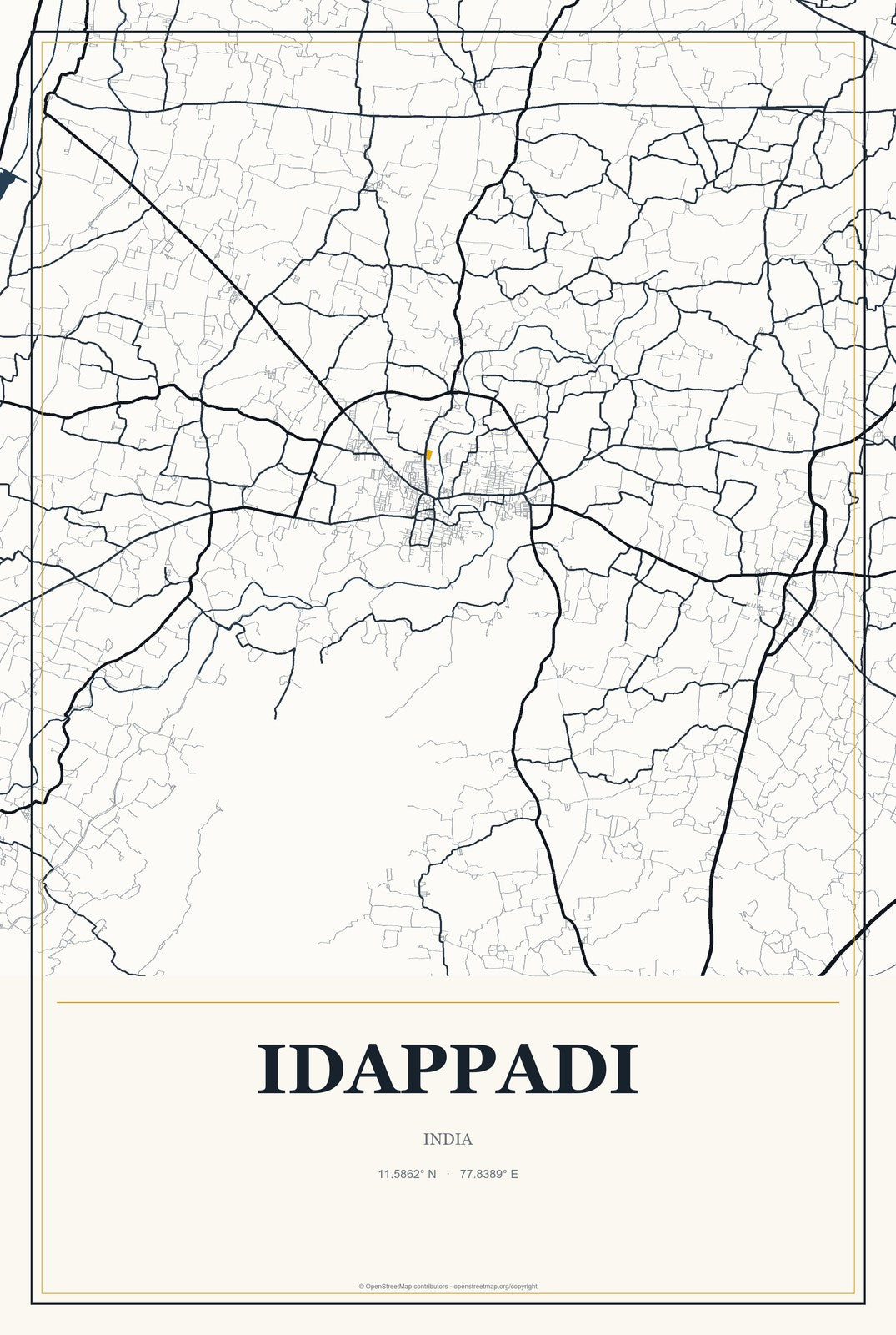 Idappadi, India City Map Aluminum Sign in Citrine Modern style