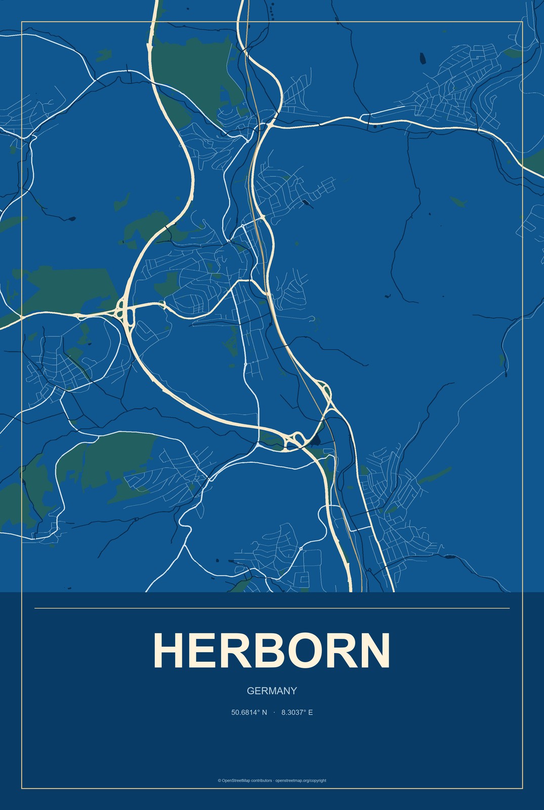 Herborn, Germany City Map Aluminum Sign in Harbor Cobalt style