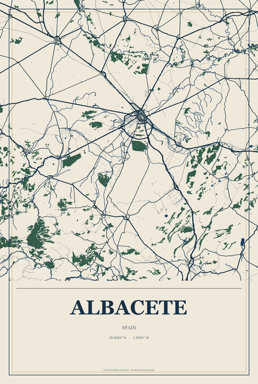 Albacete, Spain City Map Aluminum Sign in Coastal Cutout style