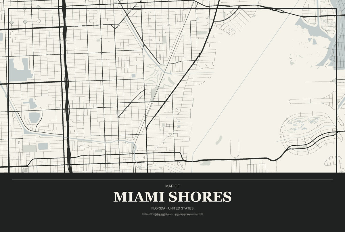 Miami Shores, Florida City Map Aluminum Sign in Museum Plaque style
