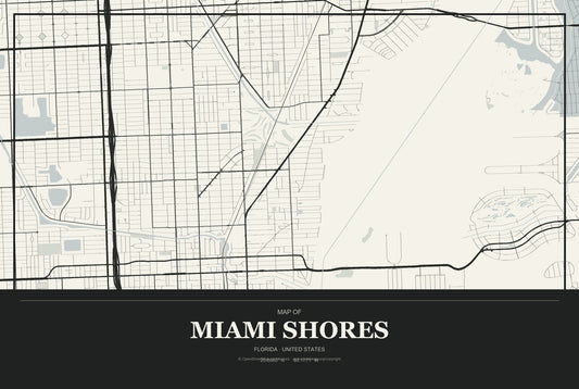 Miami Shores, Florida City Map Aluminum Sign in Museum Plaque style
