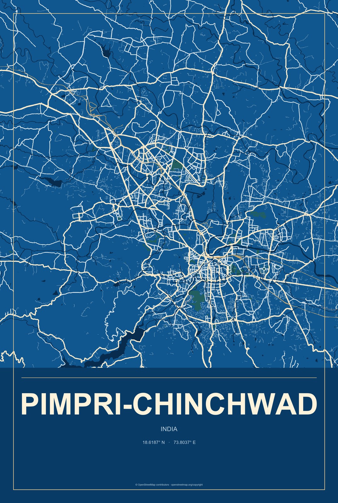 Pimpri-Chinchwad, India City Map Aluminum Sign in Harbor Cobalt style