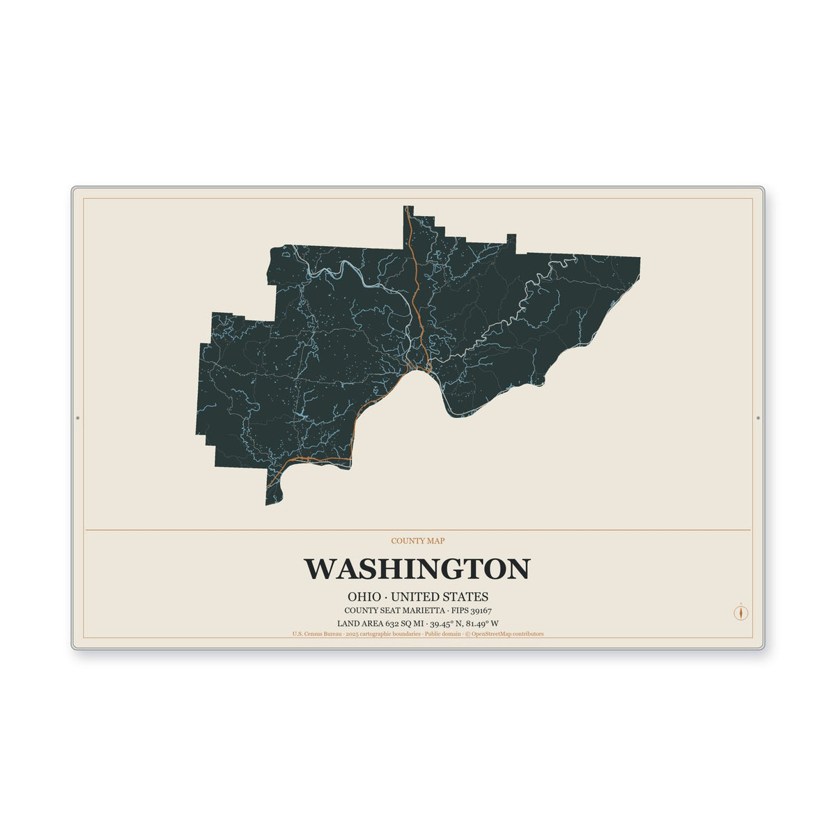 Washington County, Ohio Map Aluminum Sign in Headline Atlas style