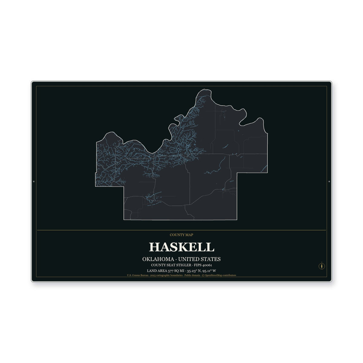 Haskell County, Oklahoma Map Aluminum Sign in Metropolitan Noir style