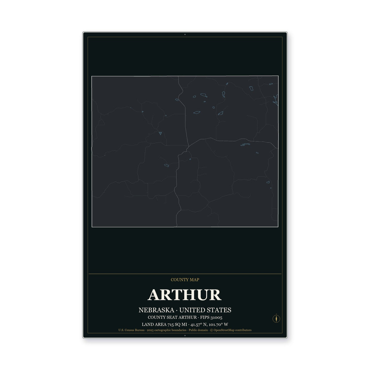 Arthur County, Nebraska Map Aluminum Sign in Metropolitan Noir style