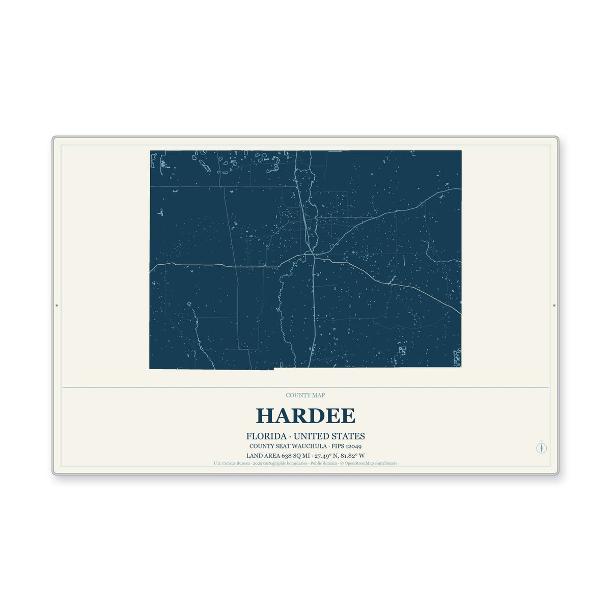 Hardee County, Florida Map Aluminum Sign in Coastal Cutout style