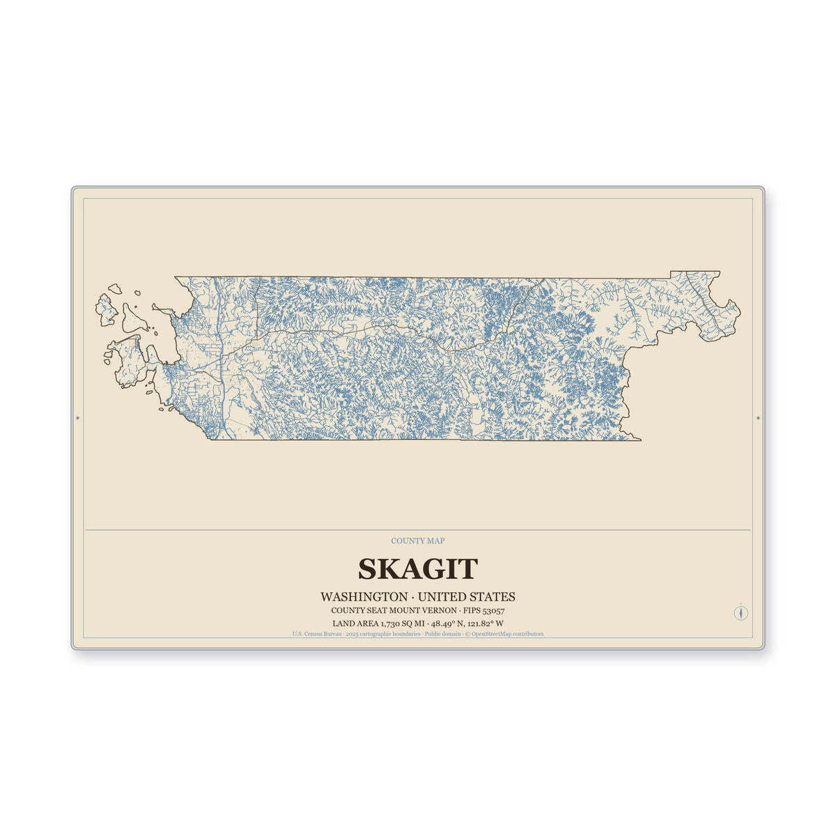 Skagit County, Washington Map Aluminum Sign in Heritage Nautical style