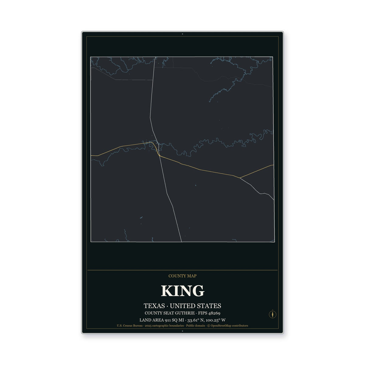 King County, Texas Map Aluminum Sign in Metropolitan Noir style