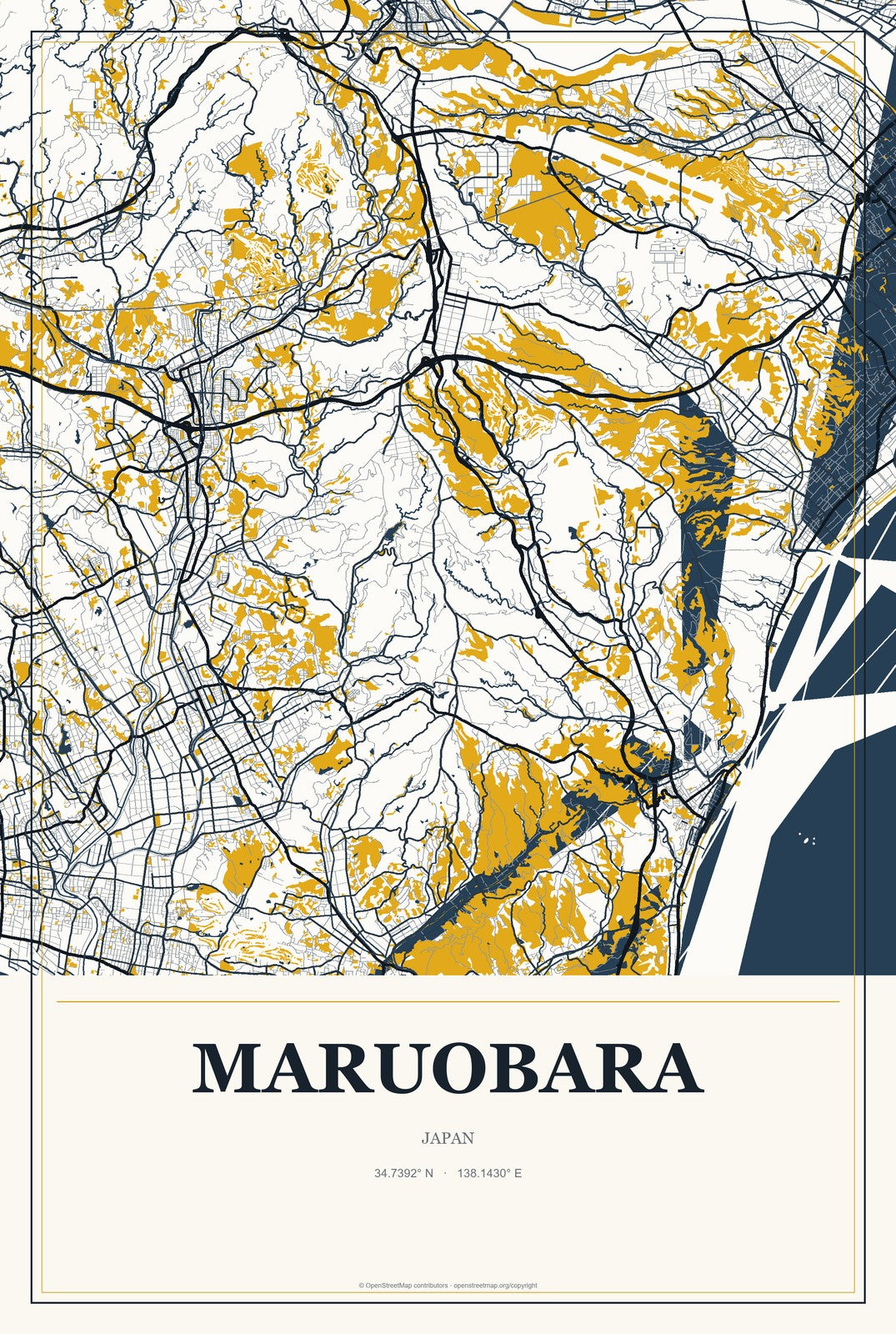 Maruobara, Japan City Map Aluminum Sign in Citrine Modern style