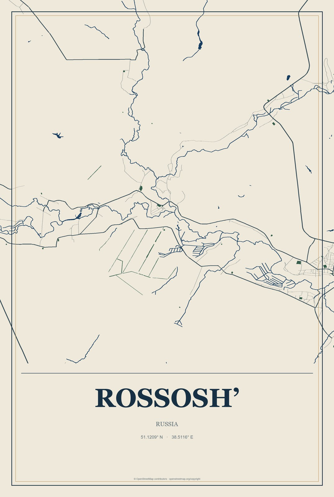 Rossosh’, Russia City Map Aluminum Sign in Coastal Cutout style