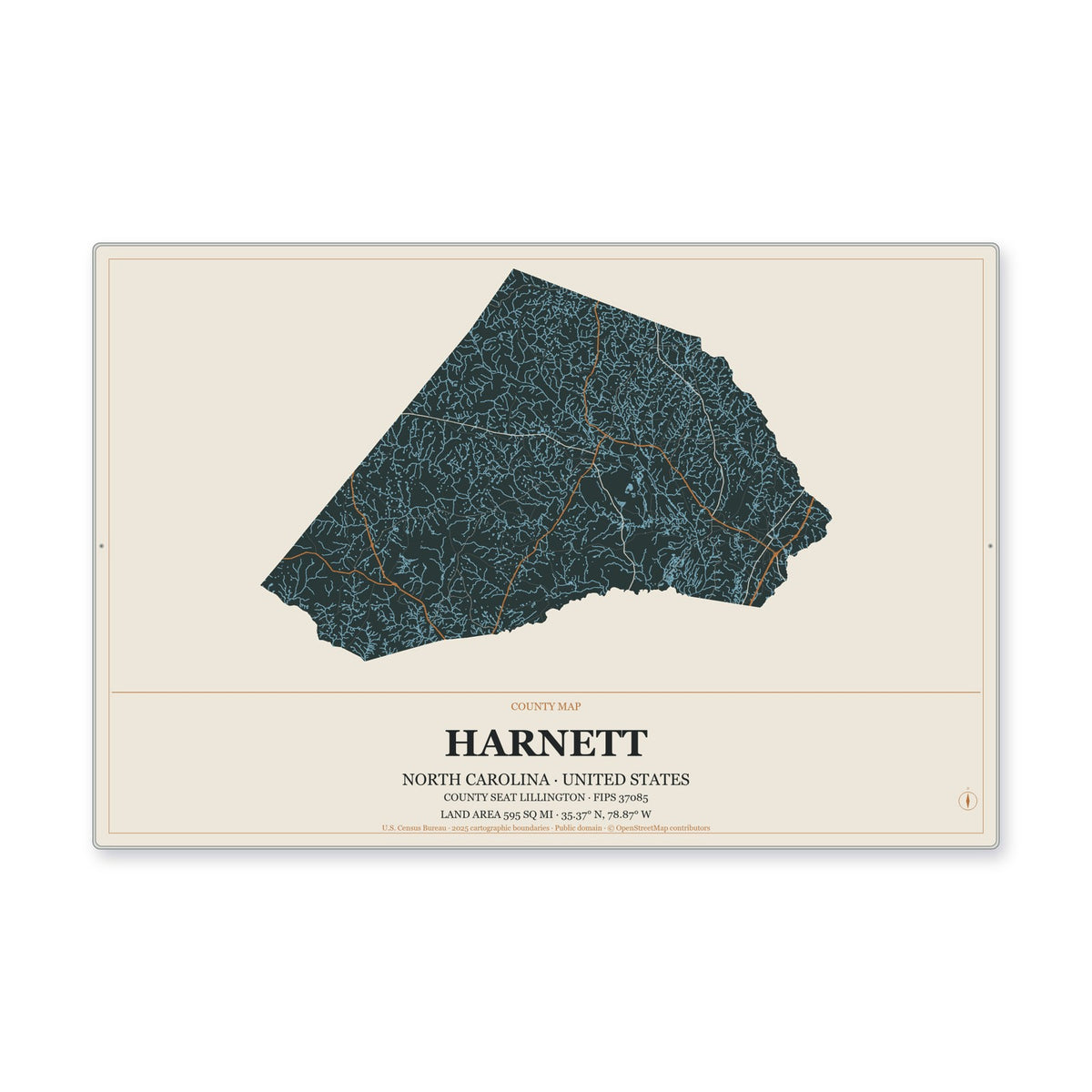 Harnett County, North Carolina Map Aluminum Sign in Headline Atlas style