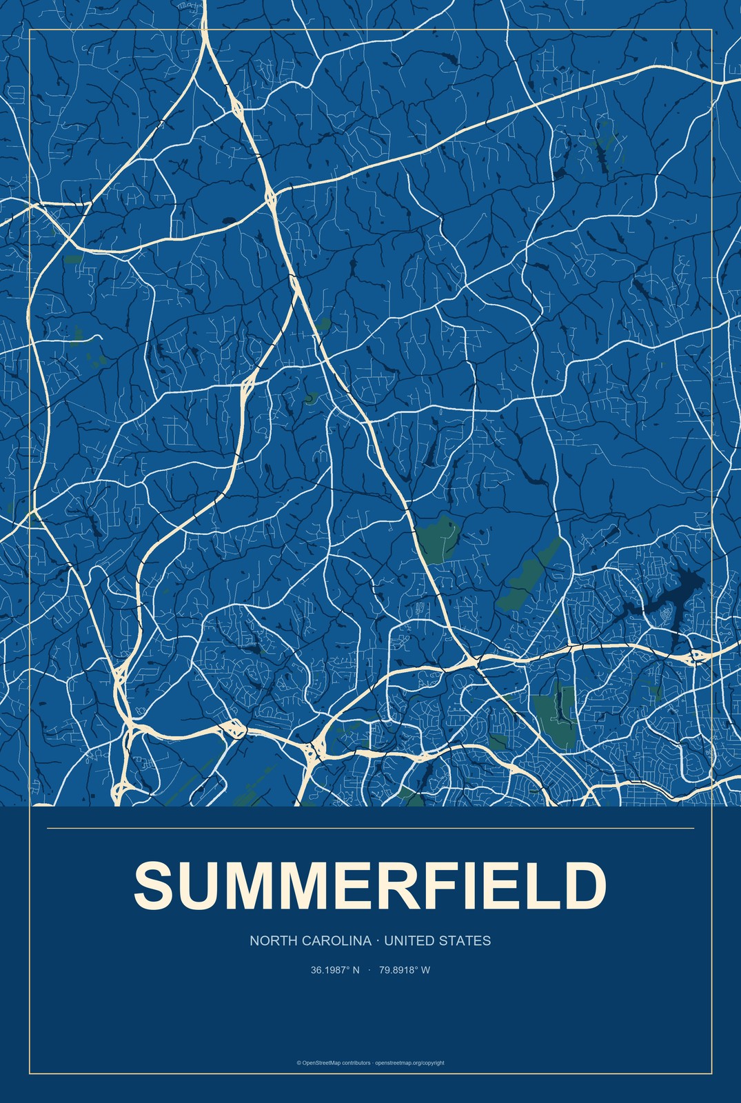 Summerfield, North Carolina City Map Aluminum Sign in Harbor Cobalt style