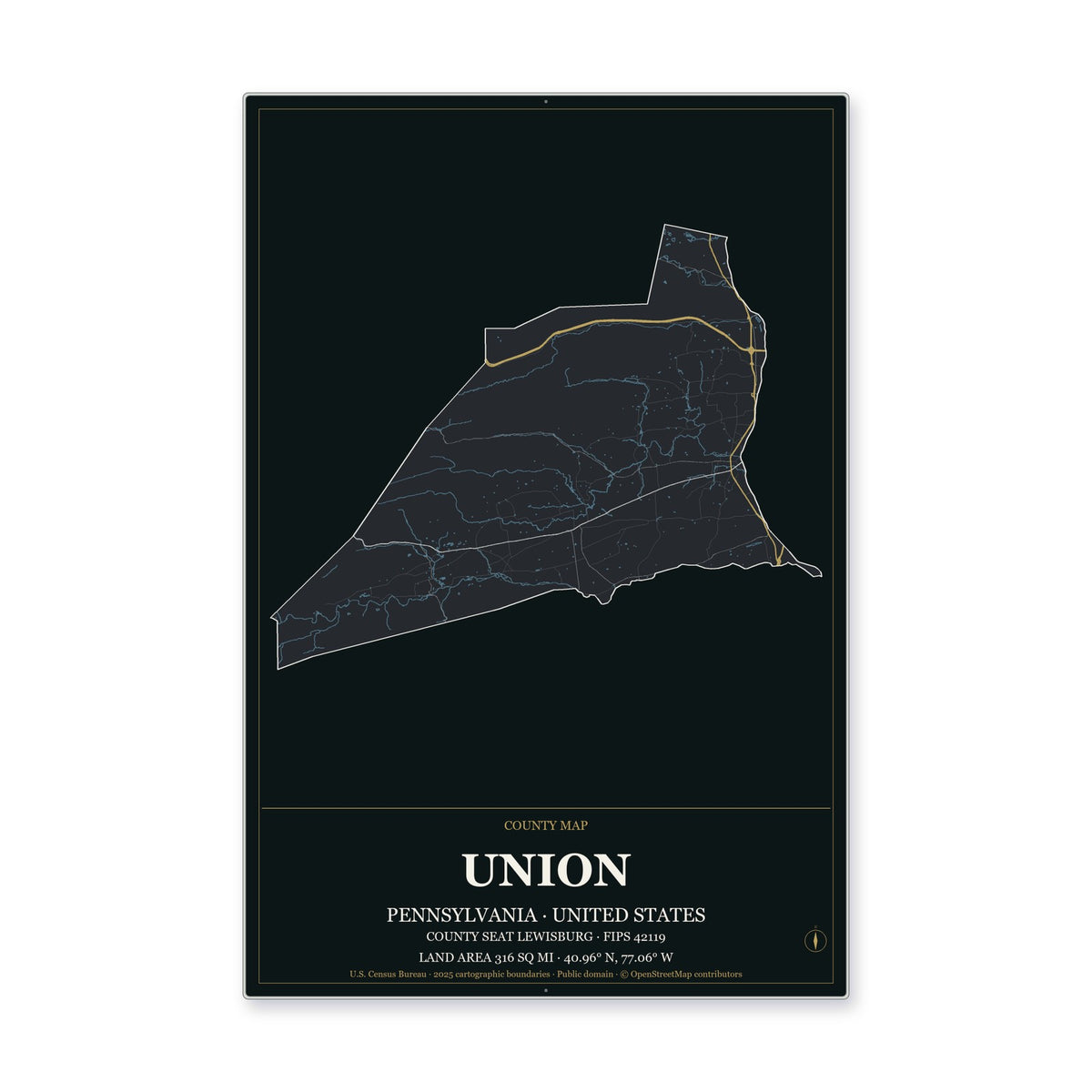 Union County, Pennsylvania Map Aluminum Sign in Metropolitan Noir style