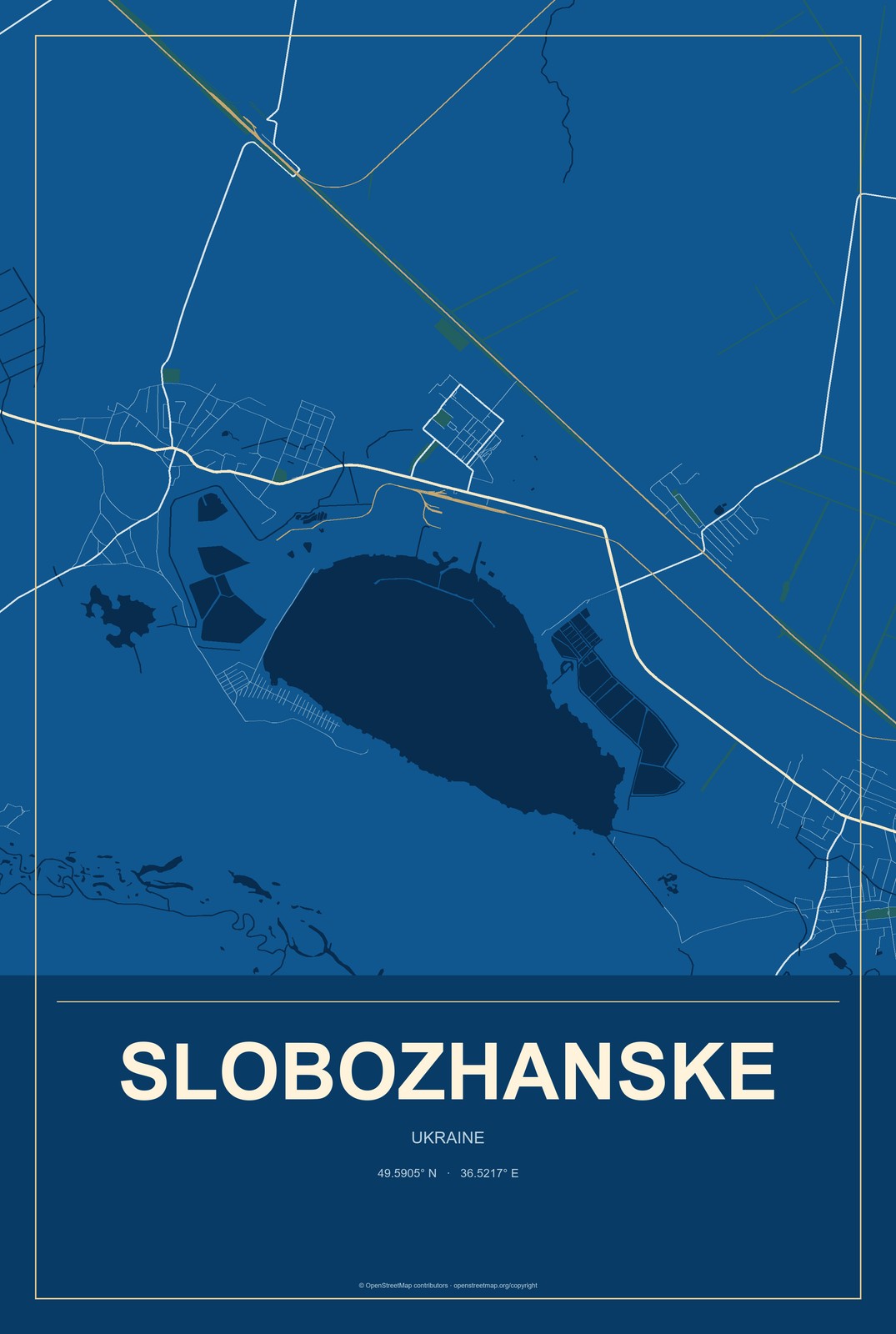 Slobozhanske, Dnipropetrovsk, Ukraine City Map Aluminum Sign in Harbor Cobalt style