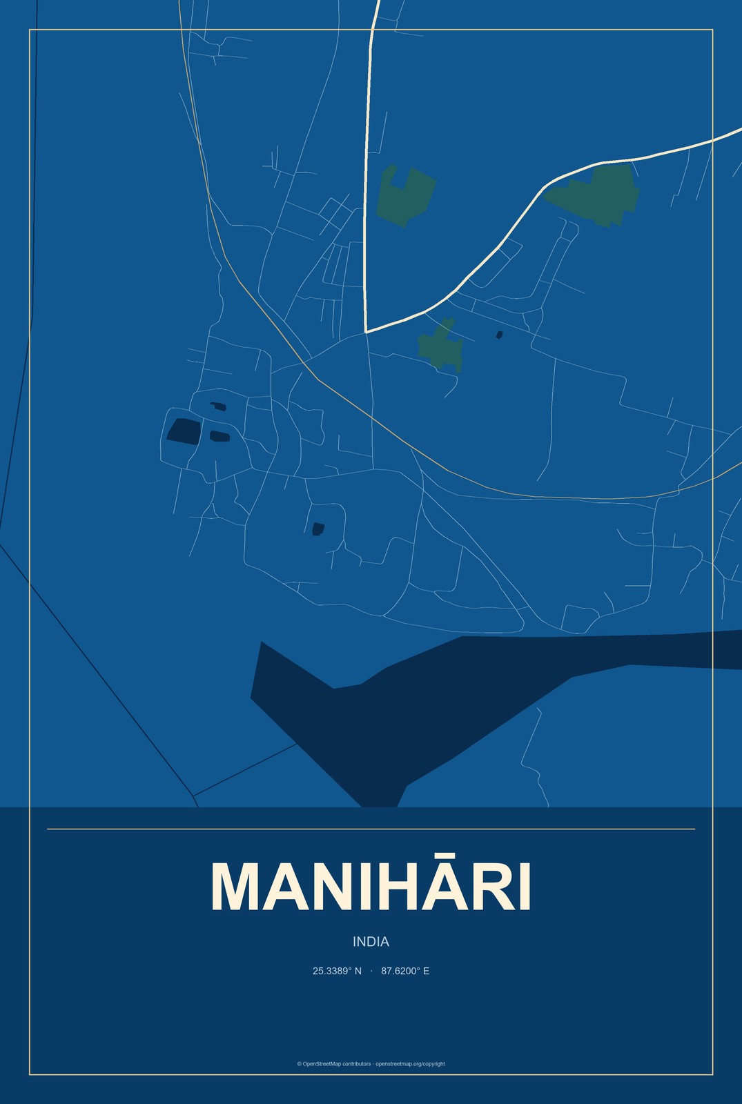 Manihāri, India City Map Aluminum Sign in Harbor Cobalt style