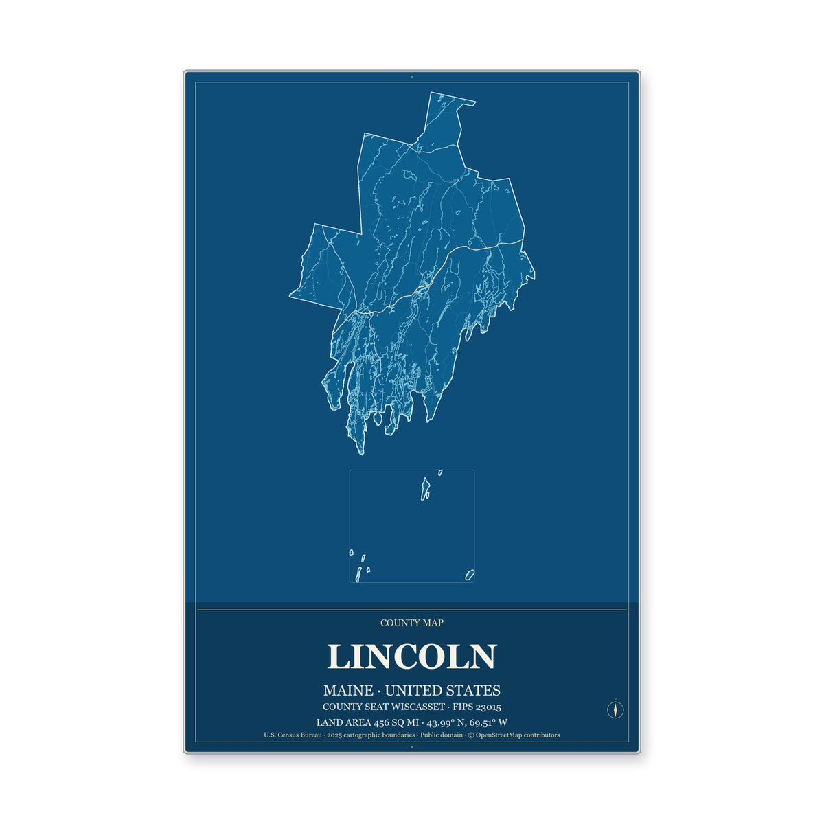 Lincoln County, Maine Map Aluminum Sign in Harbor Cobalt style