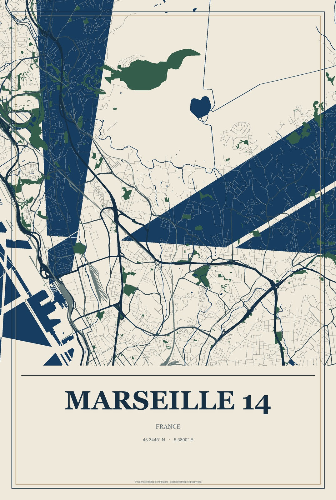 Marseille 14, France City Map Aluminum Sign in Coastal Cutout style