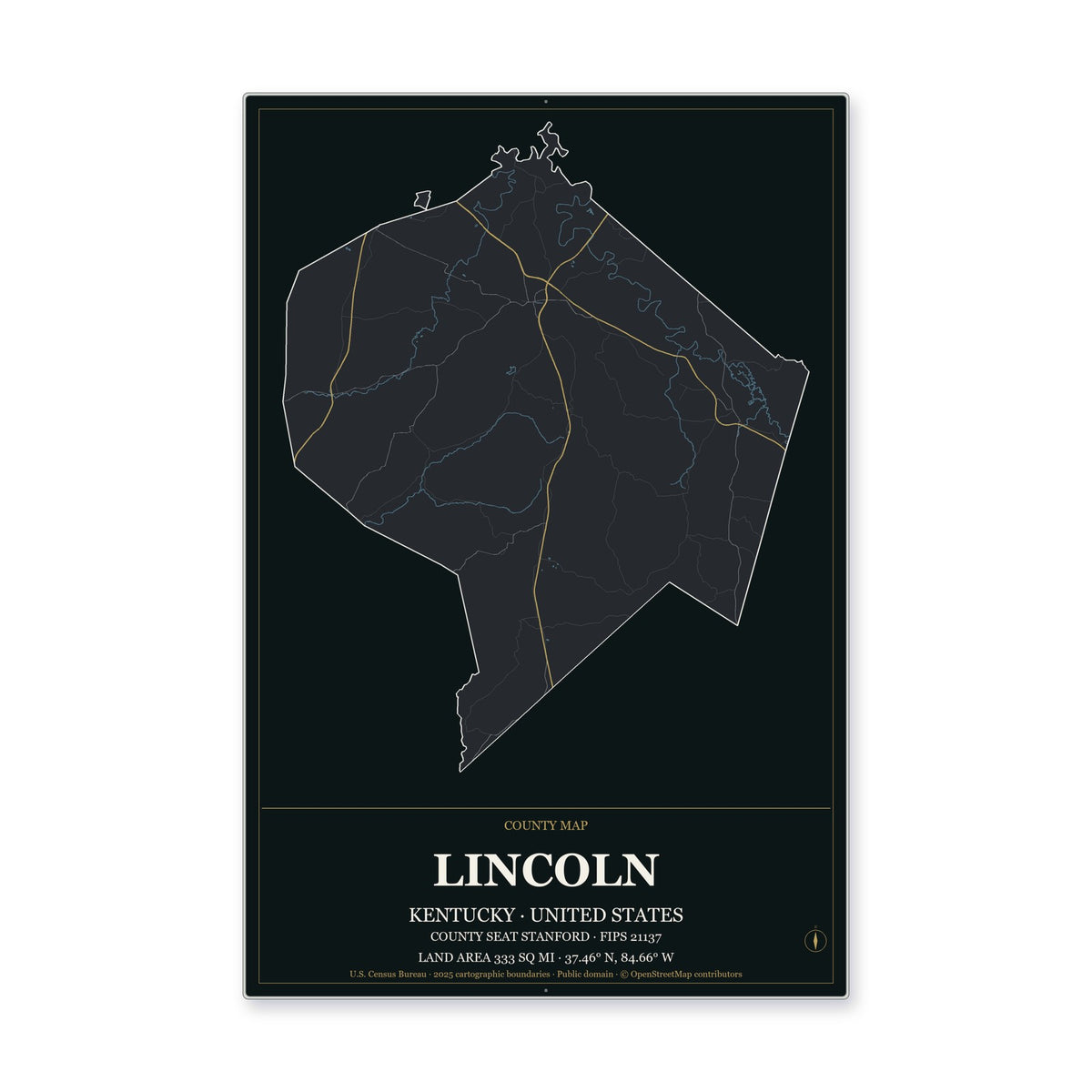 Lincoln County, Kentucky Map Aluminum Sign in Metropolitan Noir style