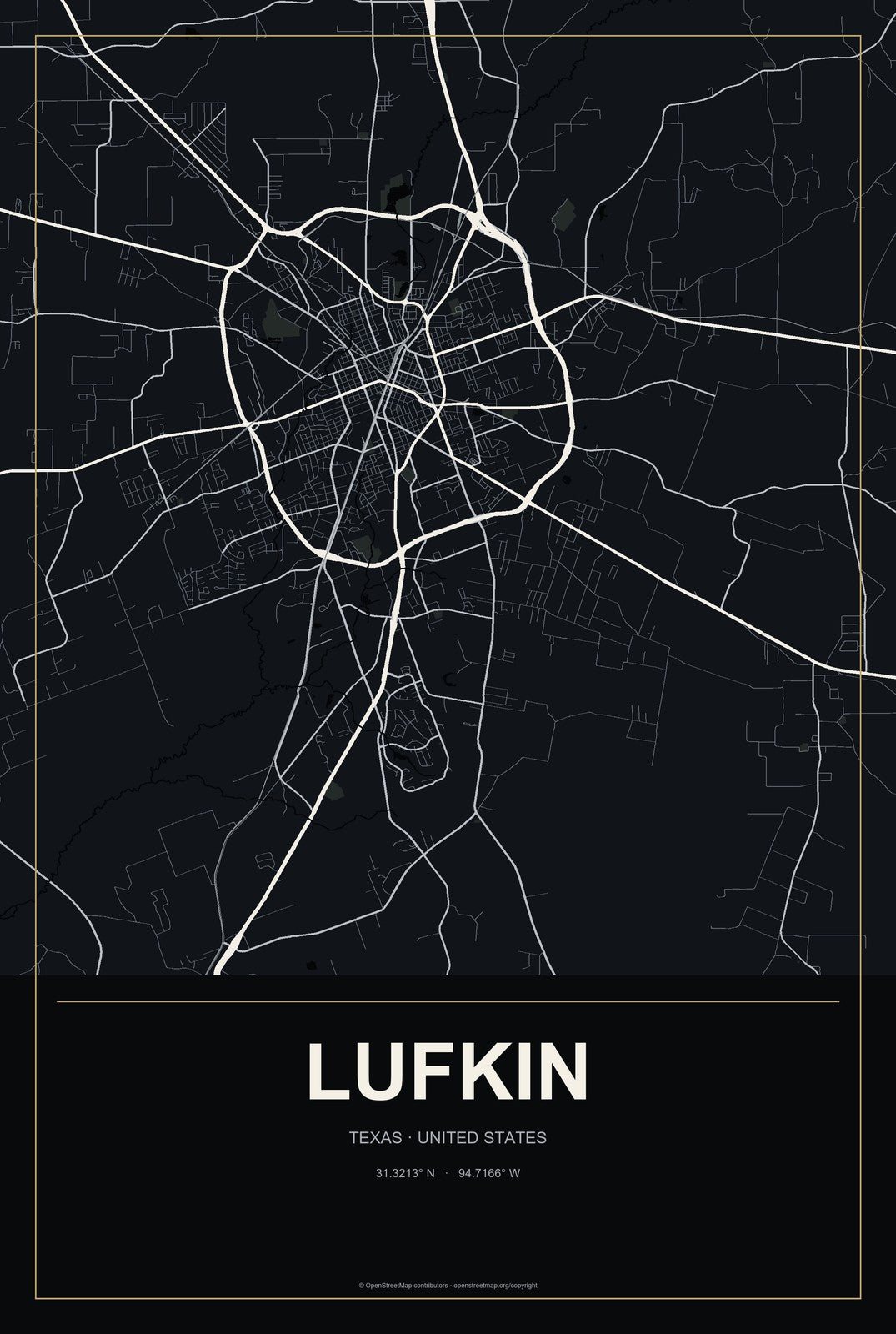 Lufkin, Texas City Map Aluminum Sign in Metropolitan Noir style