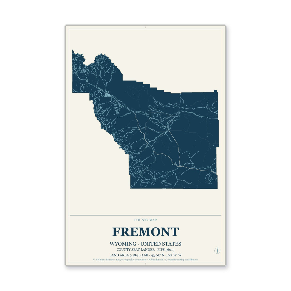 Fremont County, Wyoming Map Aluminum Sign in Coastal Cutout style