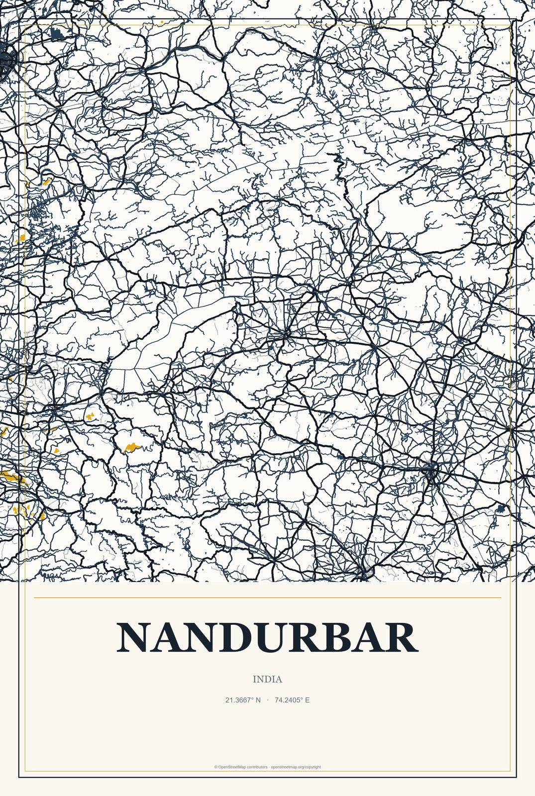 Nandurbar, India City Map Aluminum Sign in Citrine Modern style