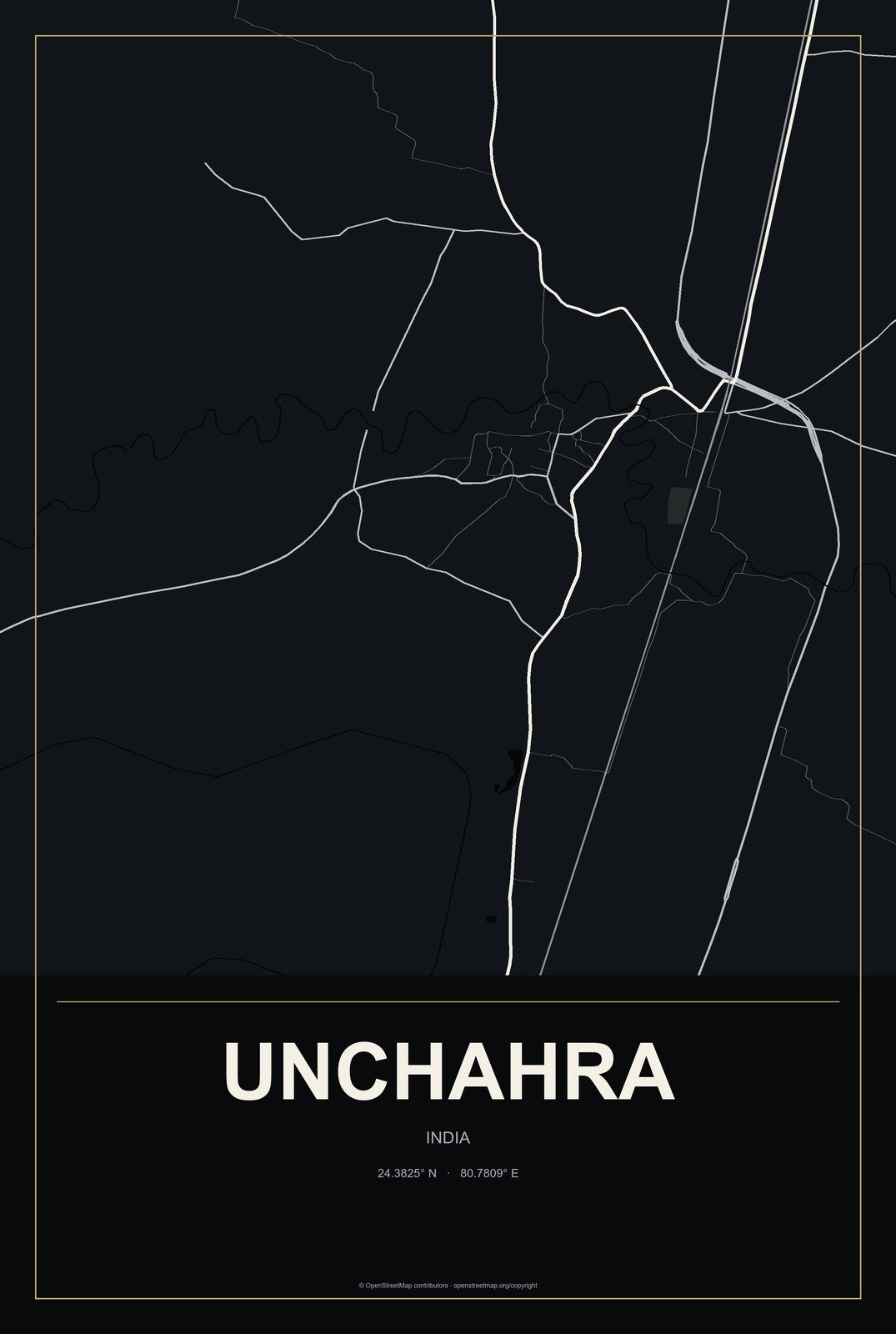 Unchahra, India City Map Aluminum Sign in Metropolitan Noir style