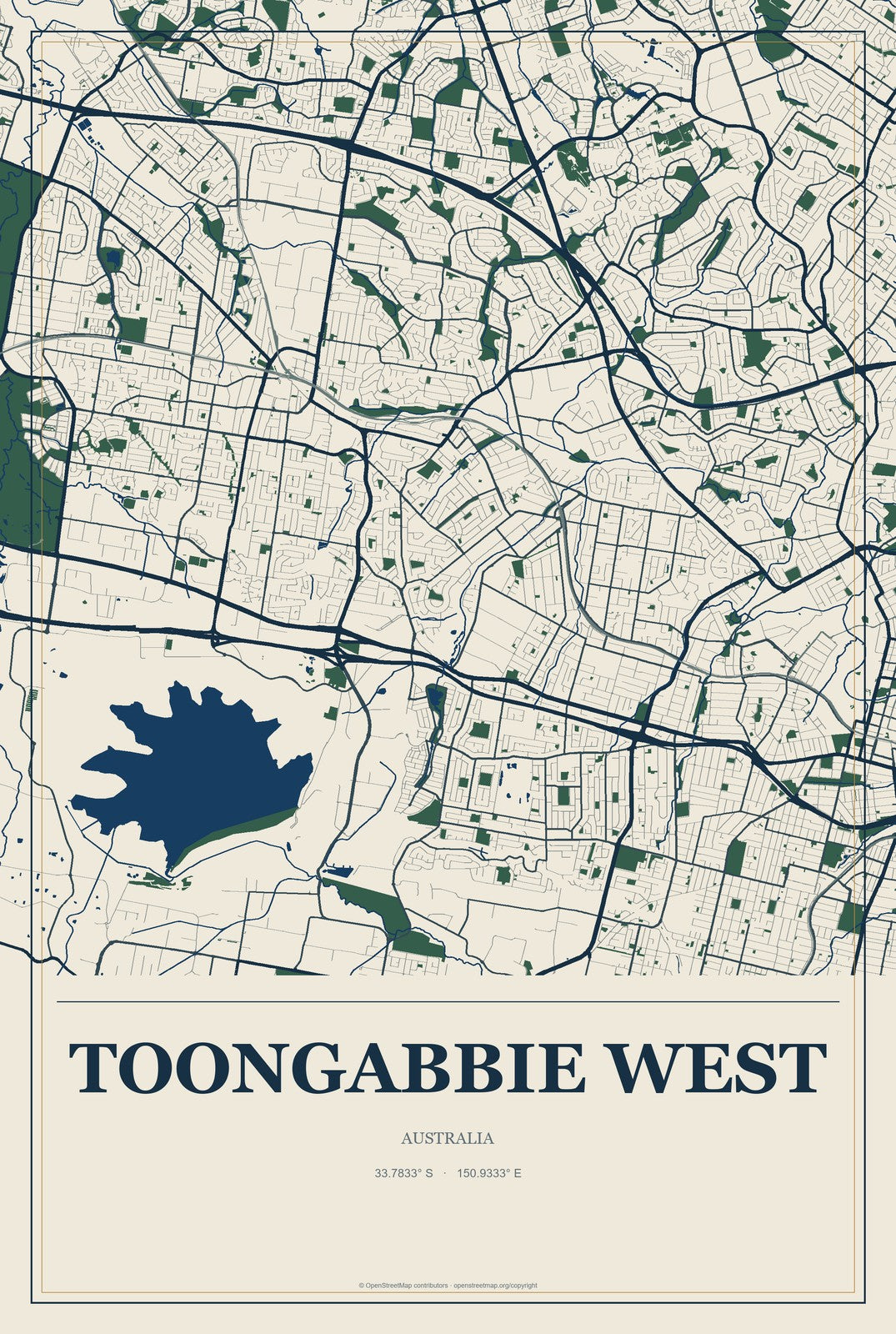 Toongabbie West, Australia City Map Aluminum Sign in Coastal Cutout style