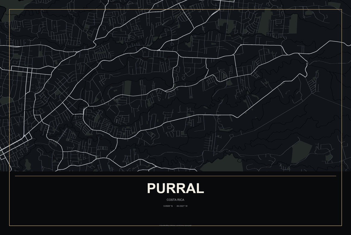 Purral, Costa Rica City Map Aluminum Sign in Metropolitan Noir style