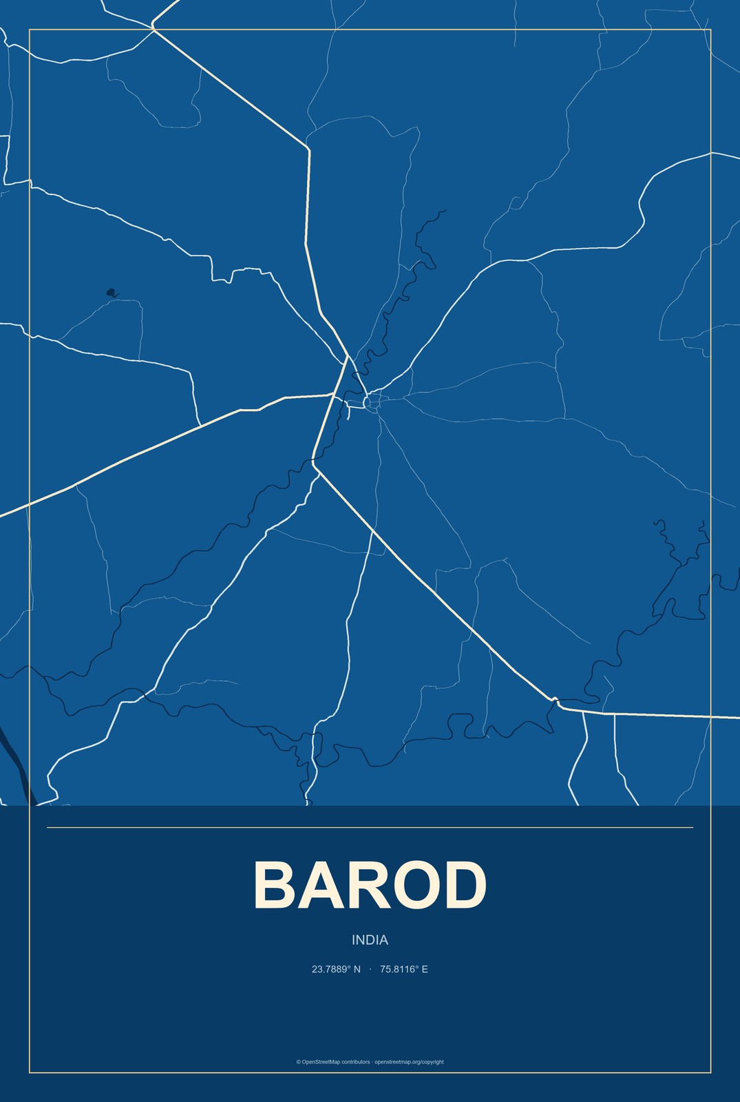 Barod, India City Map Aluminum Sign in Harbor Cobalt style