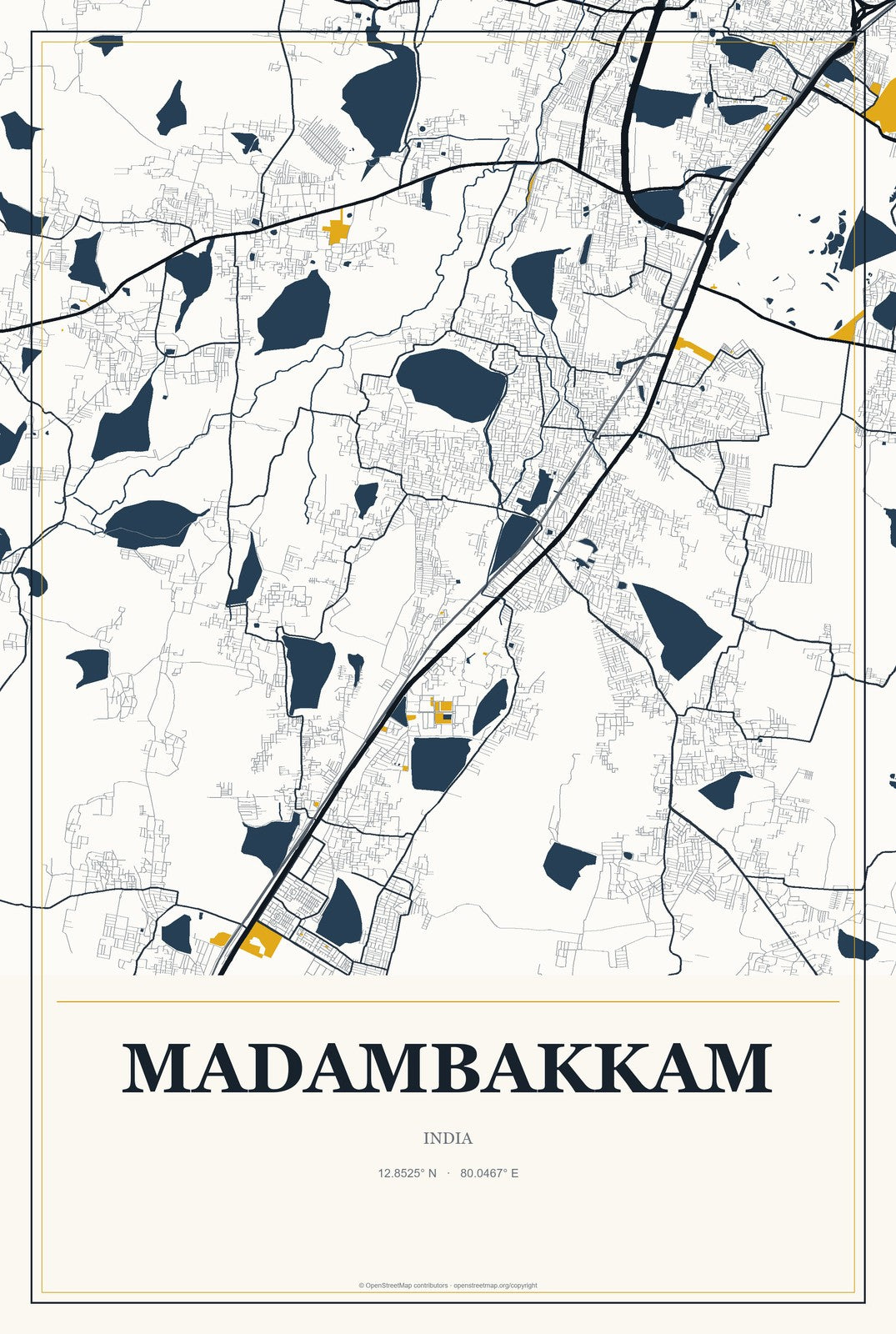 Madambakkam, India City Map Aluminum Sign in Citrine Modern style