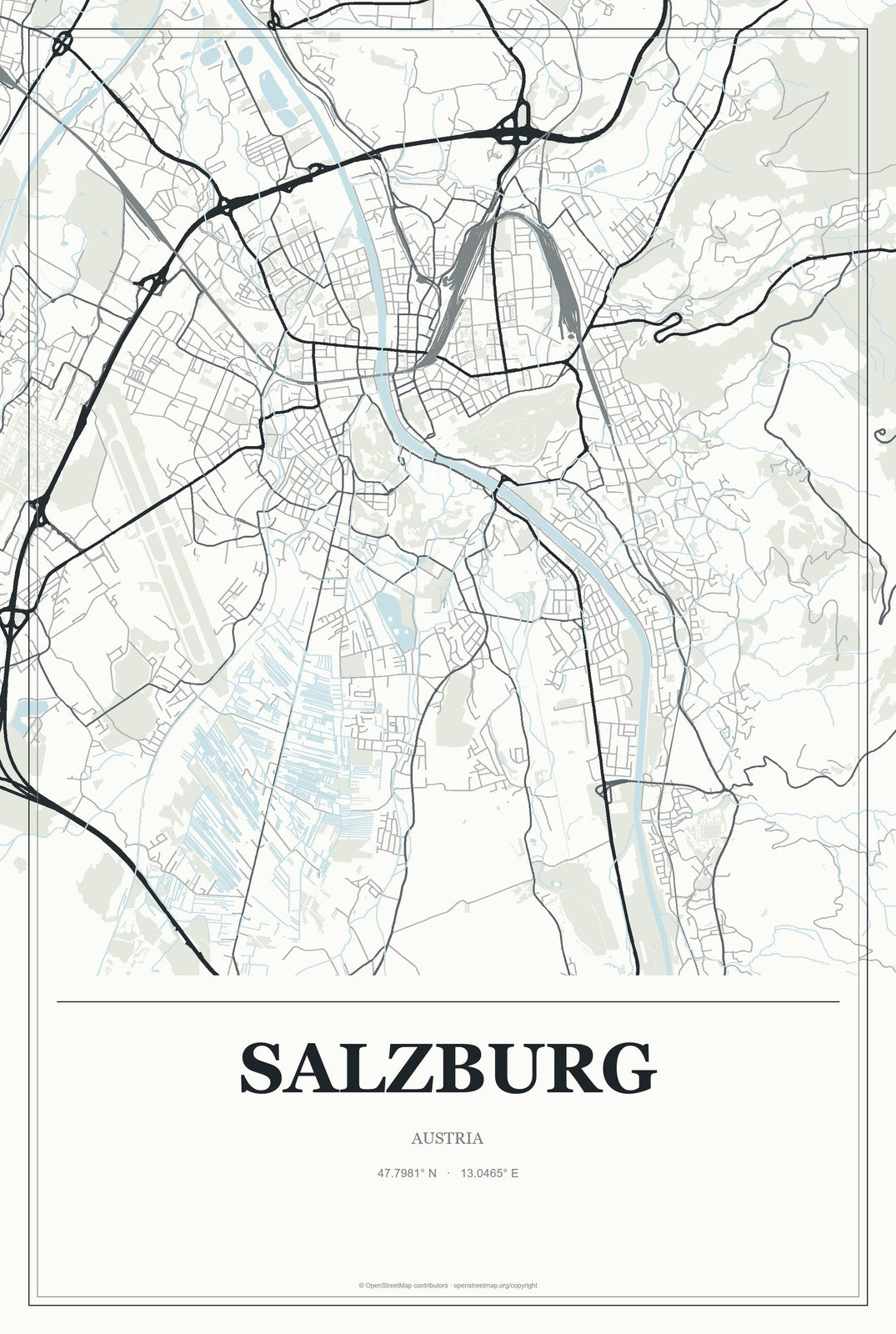 Salzburg, Austria City Map Aluminum Sign in Gallery Air style