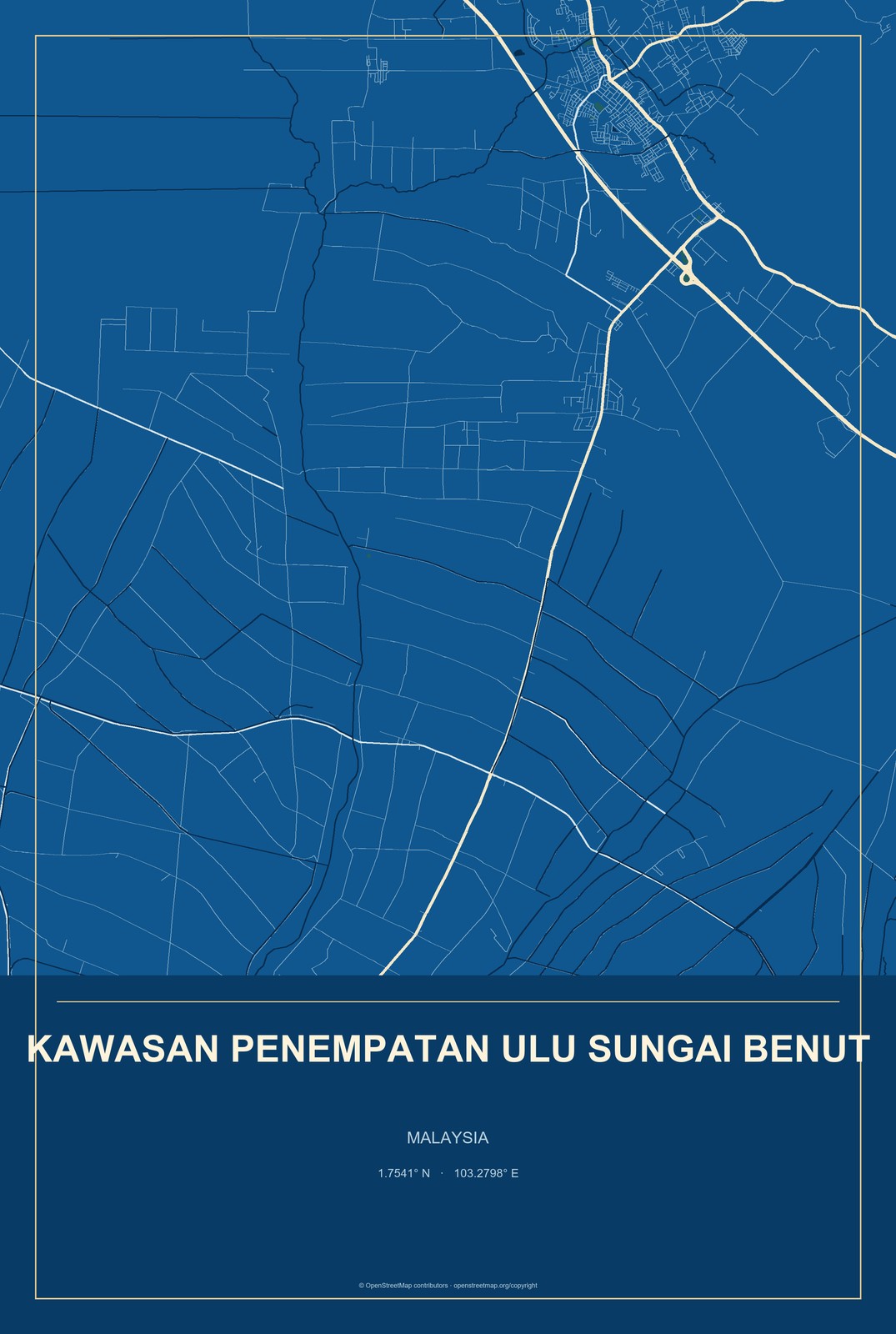 Kawasan Penempatan Ulu Sungai Benut, Malaysia City Map Aluminum Sign in Harbor Cobalt style