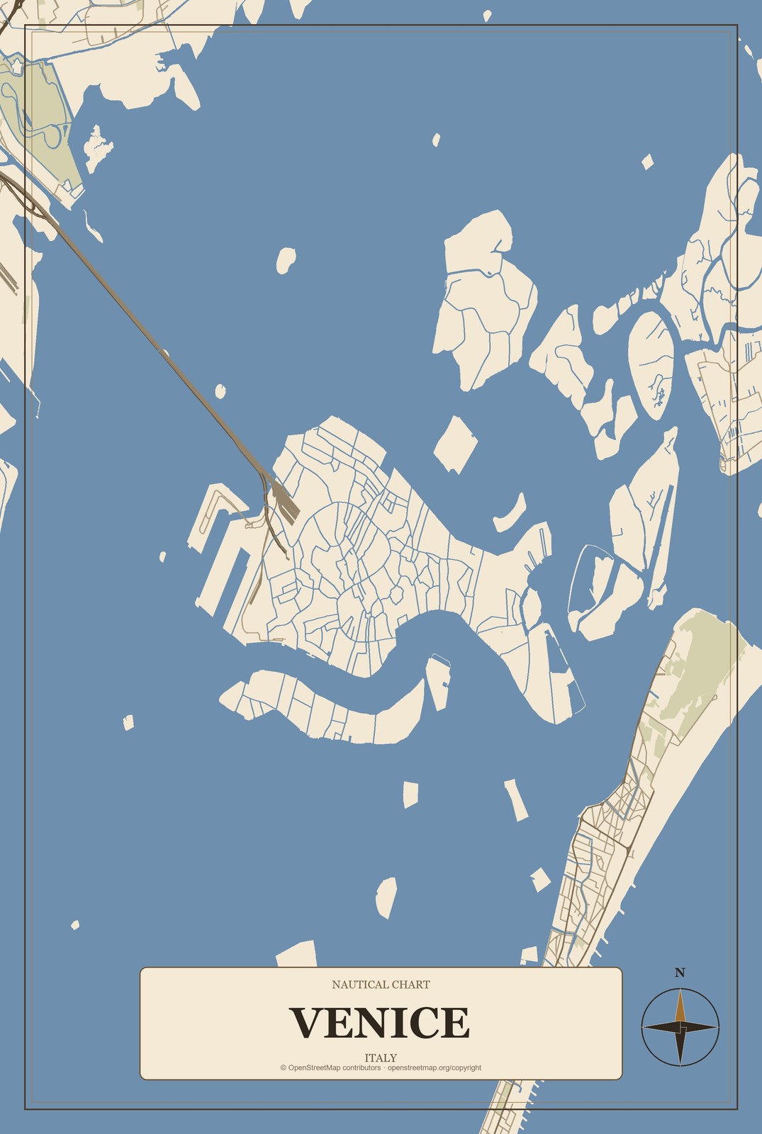 Venice, Italy City Map Aluminum Sign in Heritage Nautical style