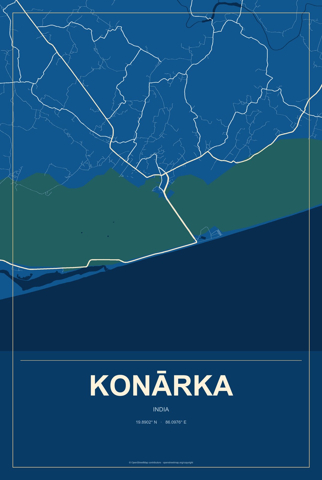Konārka, India City Map Aluminum Sign in Harbor Cobalt style