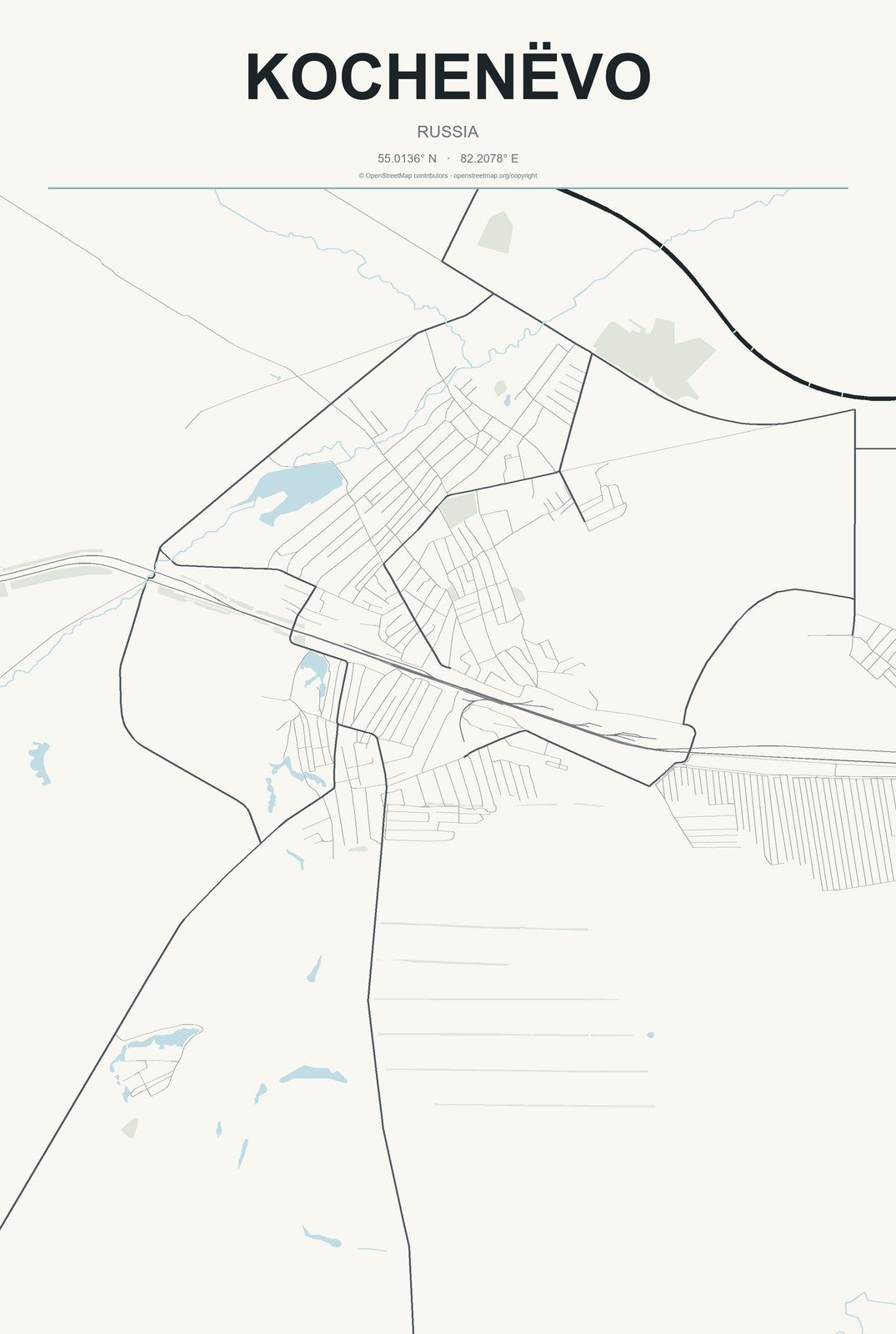 Kochenëvo, Russia City Map Aluminum Sign in Headline Atlas style