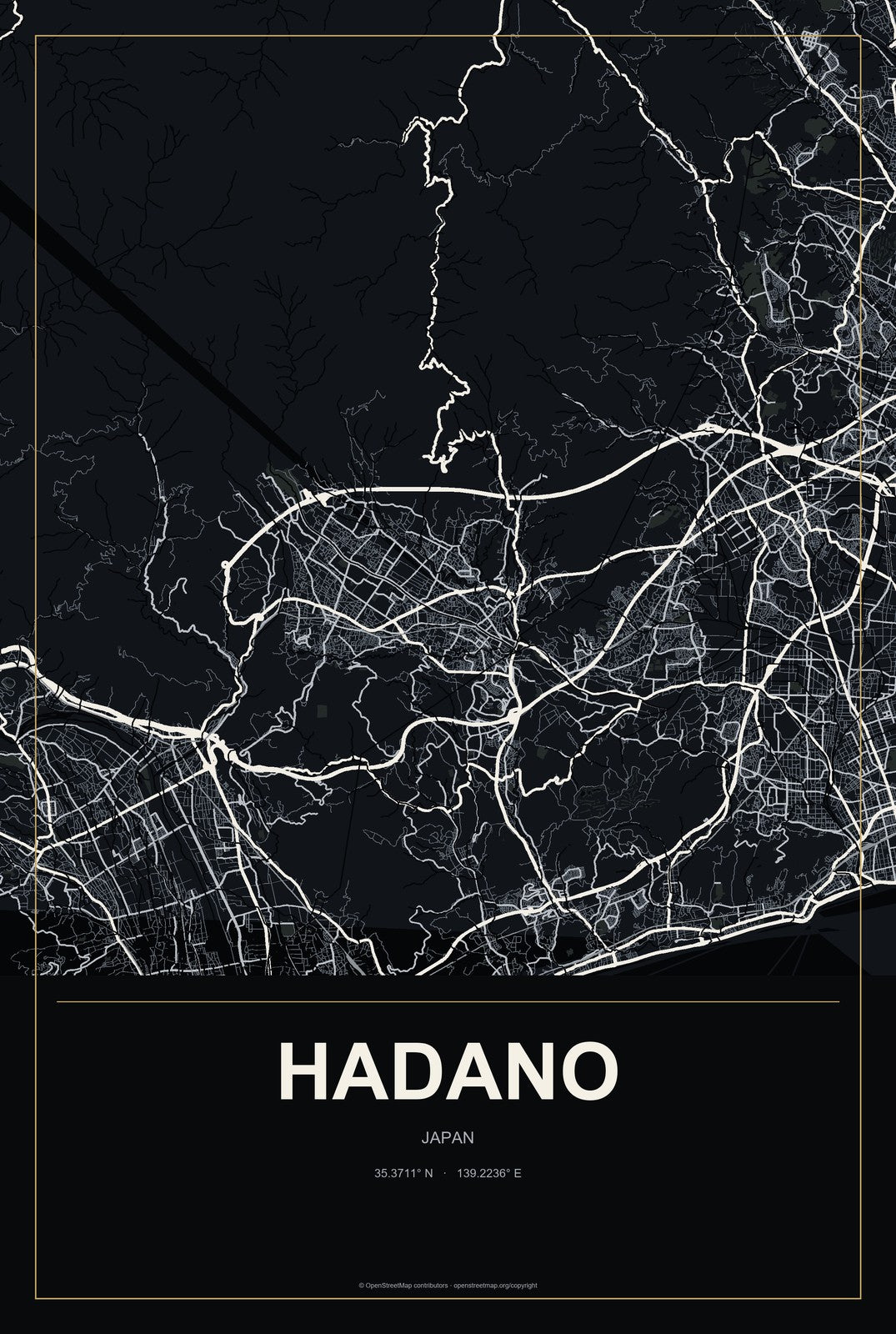 Hadano, Japan City Map Aluminum Sign in Metropolitan Noir style