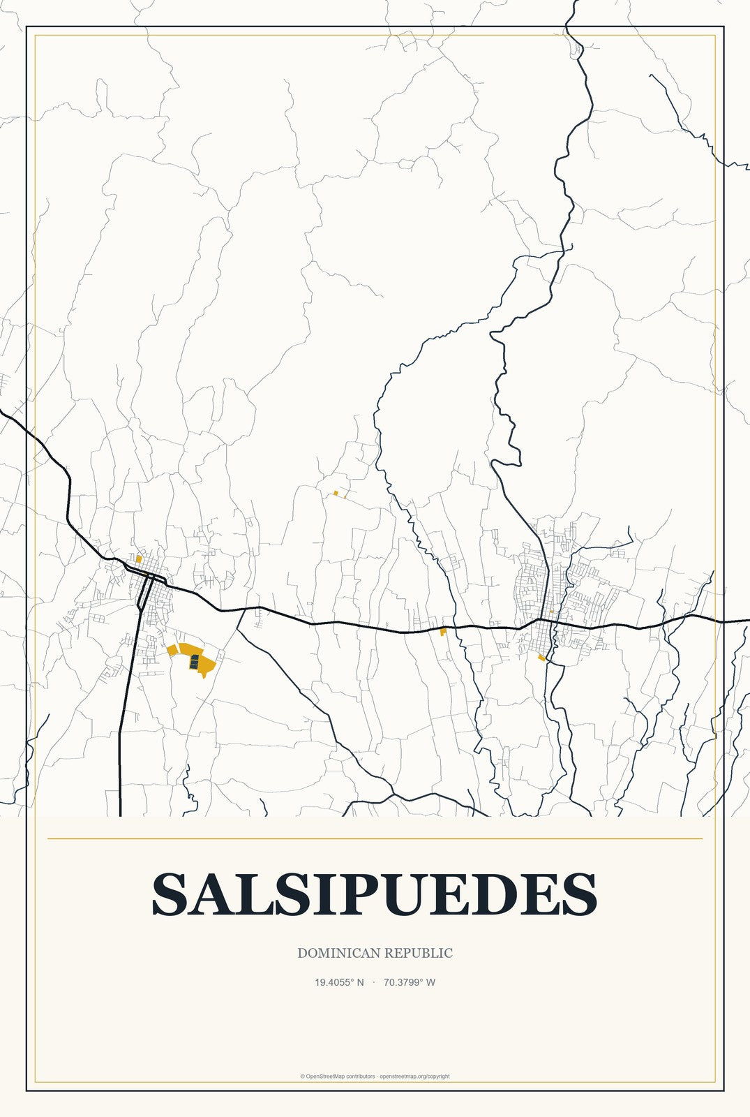 Salsipuedes, Dominican Republic City Map Aluminum Sign in Citrine Modern style