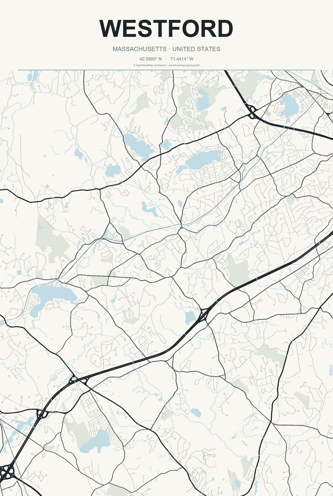 Westford, Massachusetts City Map Aluminum Sign in Headline Atlas style