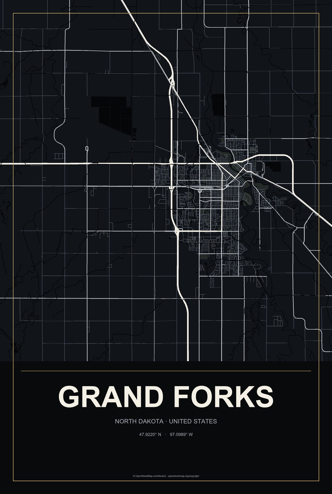 Grand Forks, North Dakota City Map Aluminum Sign in Metropolitan Noir style