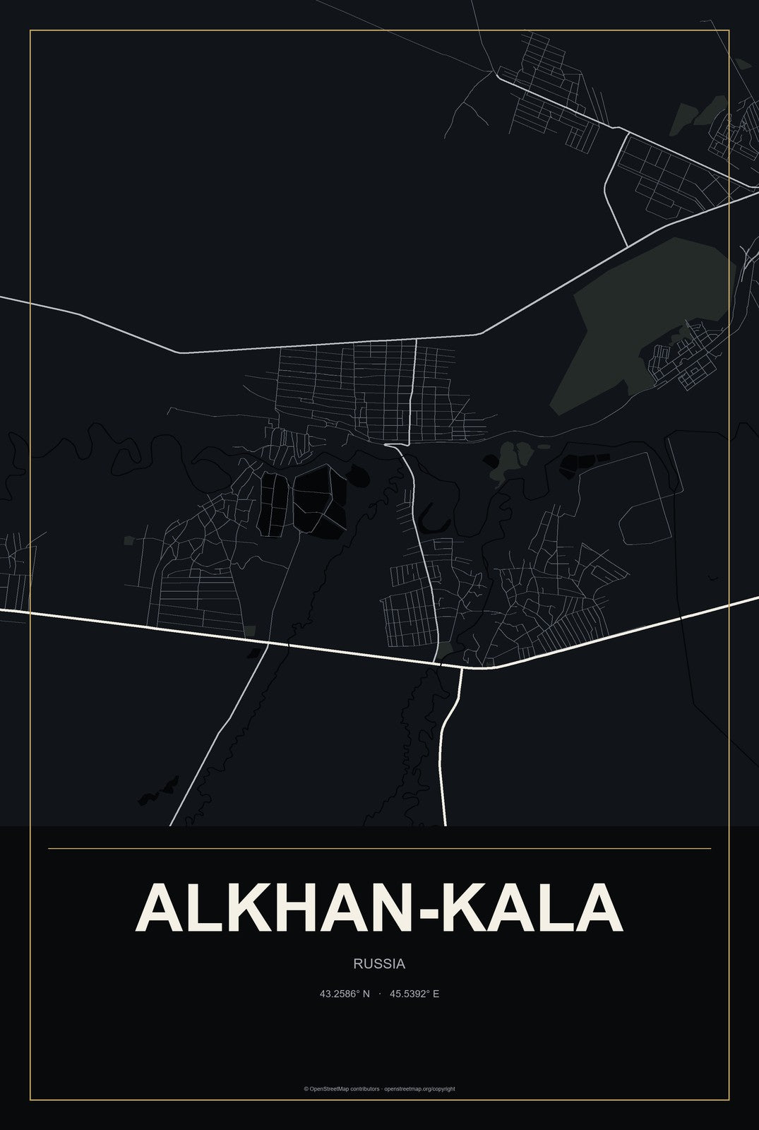 Alkhan-Kala, Russia City Map Aluminum Sign in Metropolitan Noir style